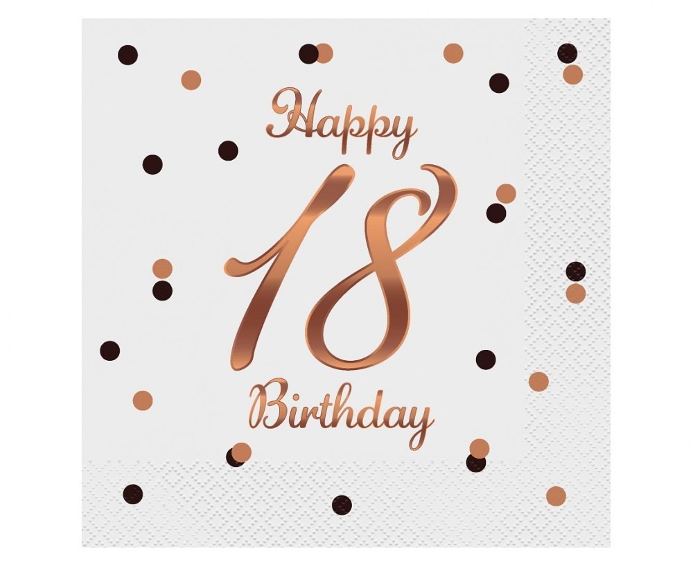 B&C HAPPY 18 BIRTHDAY NAPKINS, WHITE, ROSE AND GOLD PRINT, 33X33 CM, 20 PCS GODAN